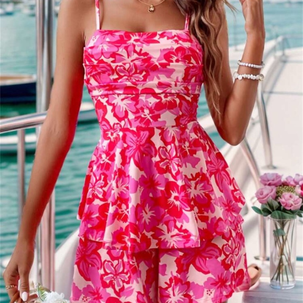 Floral Pink and Red Sleeveless Romper